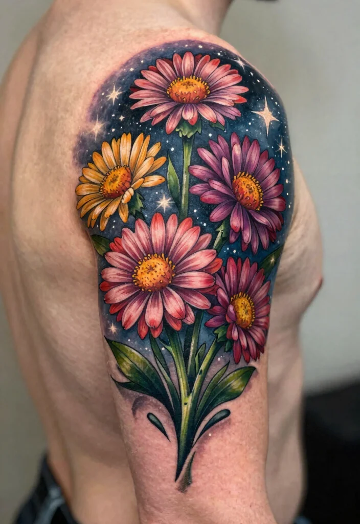15 Aster Flower Tattoo Ideas: Delicate Floral Designs to Love - 12. Aster and Starry Night 1