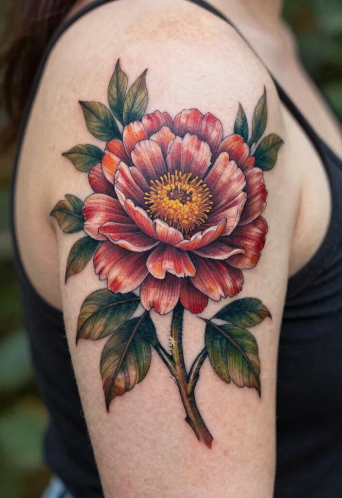 15 Aster Flower Tattoo Ideas: Delicate Floral Designs to Love - 3. Detailed Aster with Leaves 1