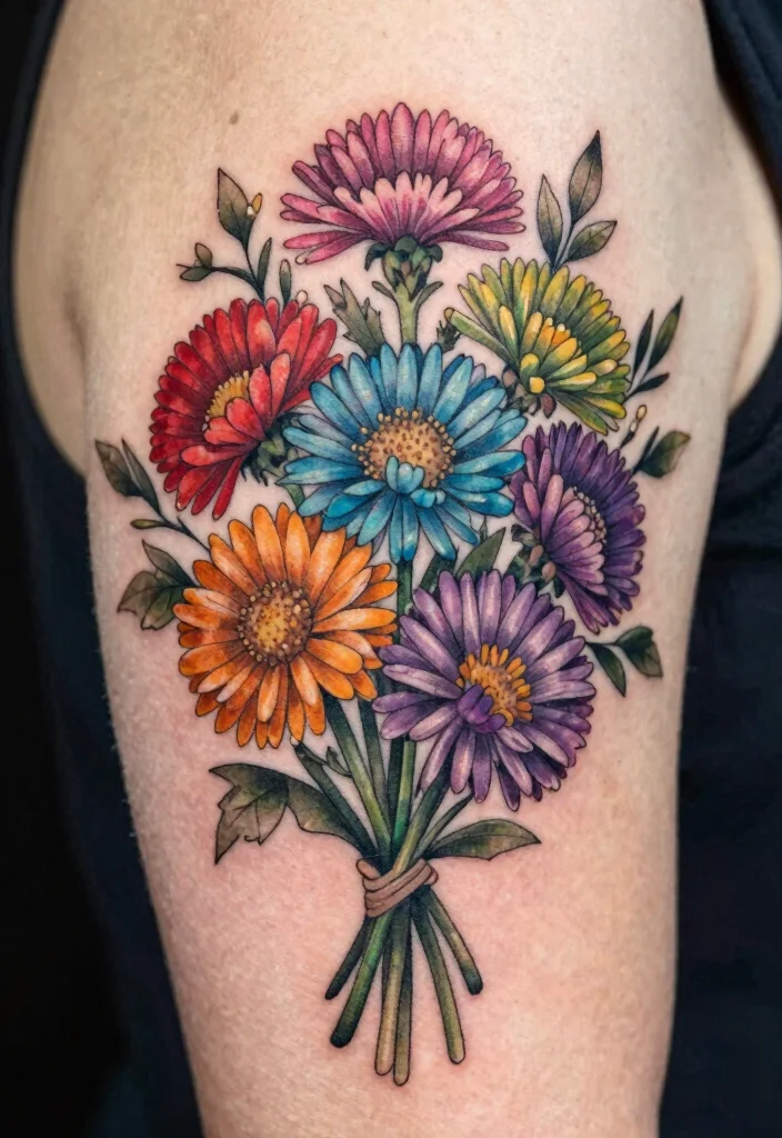 15 Aster Flower Tattoo Ideas: Delicate Floral Designs to Love - 5. Aster Bouquet Cluster 1