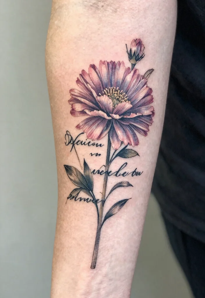 15 Aster Flower Tattoo Ideas: Delicate Floral Designs to Love - 6. Aster Tattoo with Quote 1