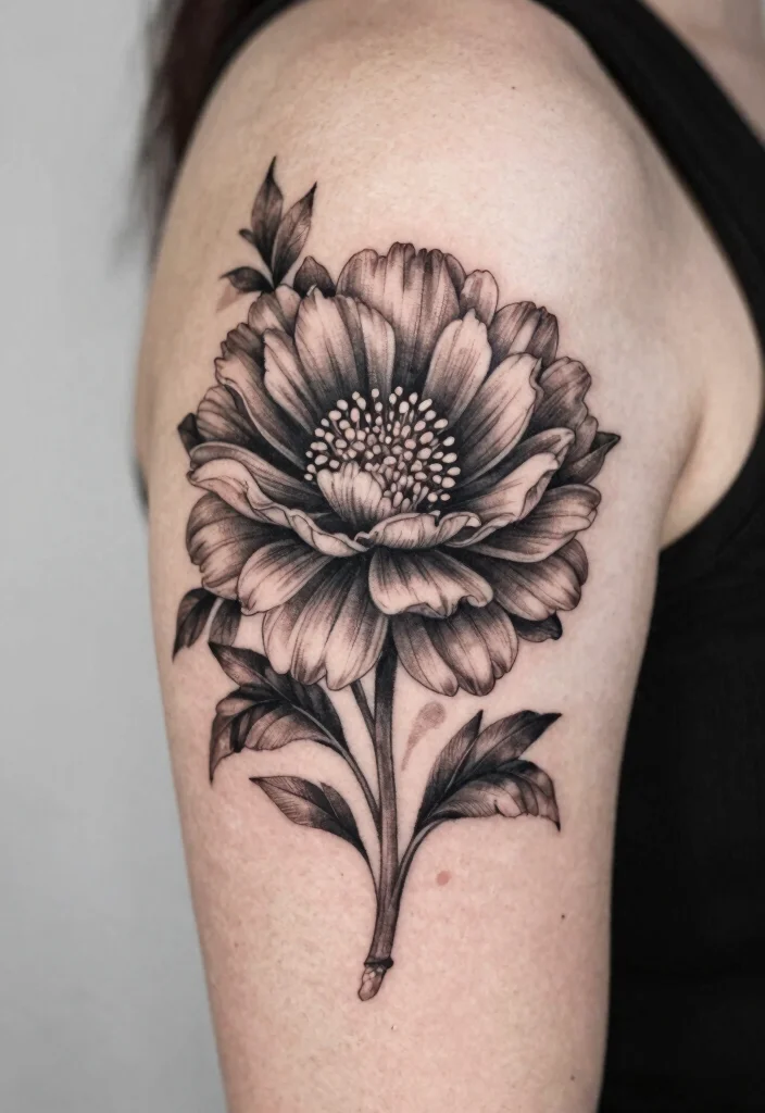15 Aster Flower Tattoo Ideas: Delicate Floral Designs to Love - 7. Black and Gray Aster 1