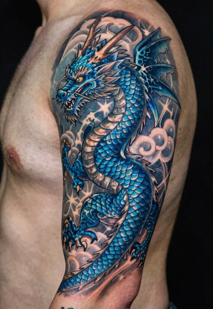 15 Blue Dragon Tattoo Ideas: Mystical, Bold, and Striking - 1. Majestic Full-Sleeve Blue Dragon 1