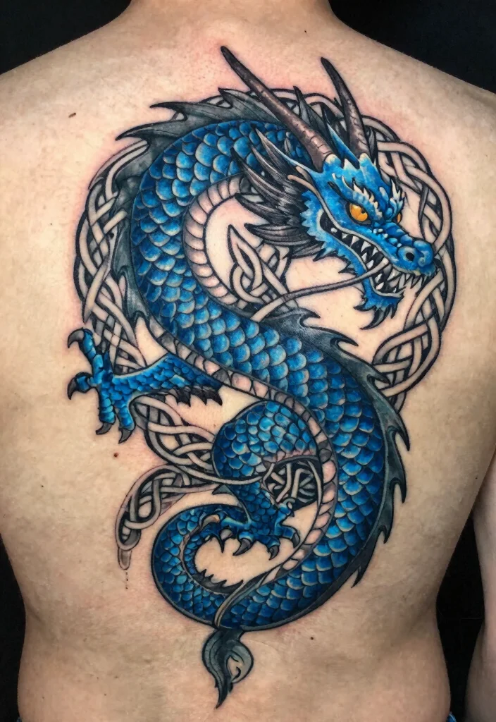 15 Blue Dragon Tattoo Ideas: Mystical, Bold, and Striking - 10. Blue Dragon and Celtic Knot 1