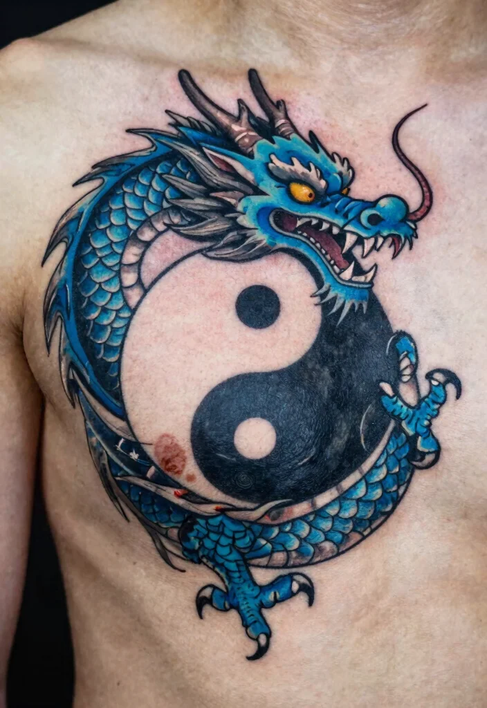 15 Blue Dragon Tattoo Ideas: Mystical, Bold, and Striking - 11. Blue Dragon with Yin Yang Symbol 1