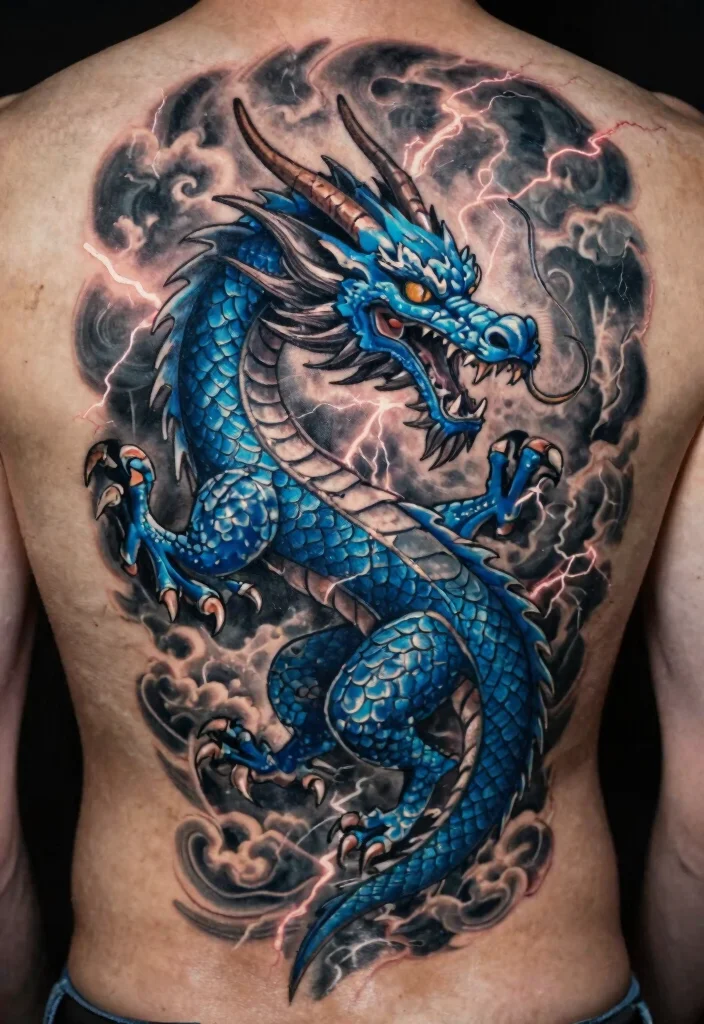 15 Blue Dragon Tattoo Ideas: Mystical, Bold, and Striking - 14. Blue Dragon with Stormy Background 1