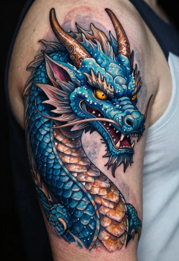 15 Blue Dragon Tattoo Ideas: Mystical, Bold, and Striking - 15. Blue Dragon Portrait Tattoo 1