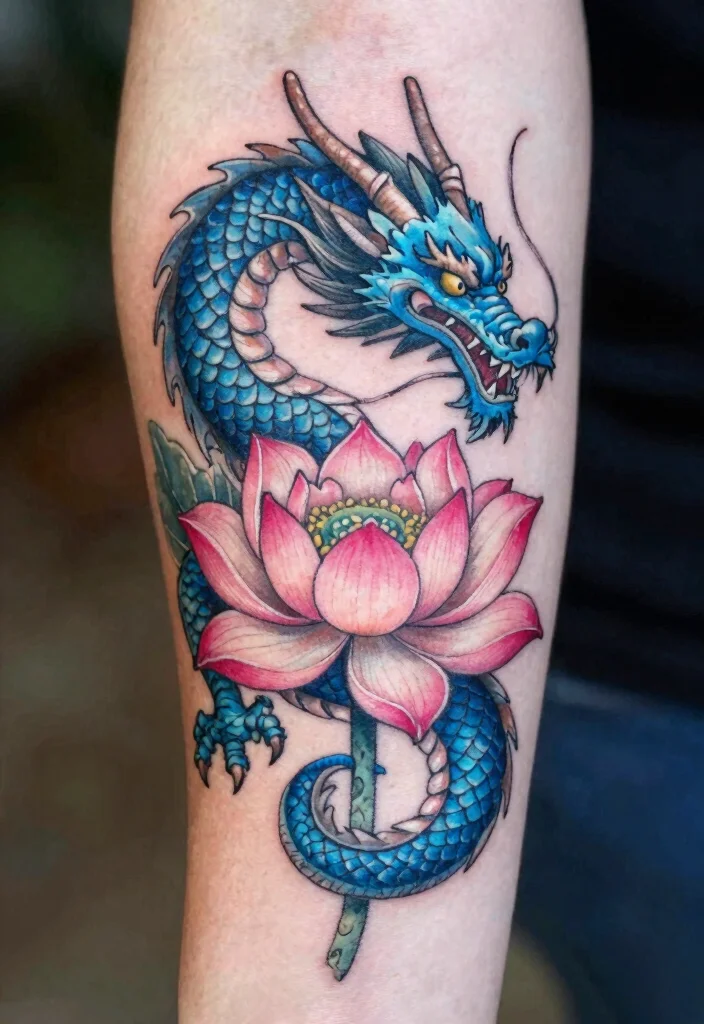 15 Blue Dragon Tattoo Ideas: Mystical, Bold, and Striking - 3. Detailed Blue Dragon and Lotus 1