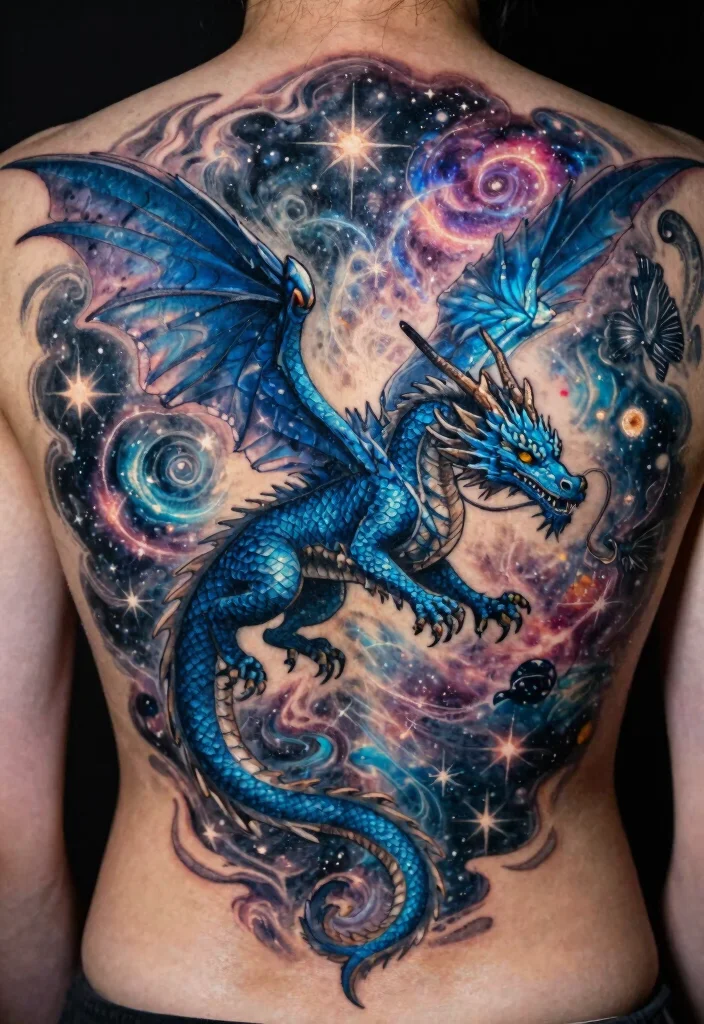 15 Blue Dragon Tattoo Ideas: Mystical, Bold, and Striking - 4. Dragon with Cosmic Elements 1