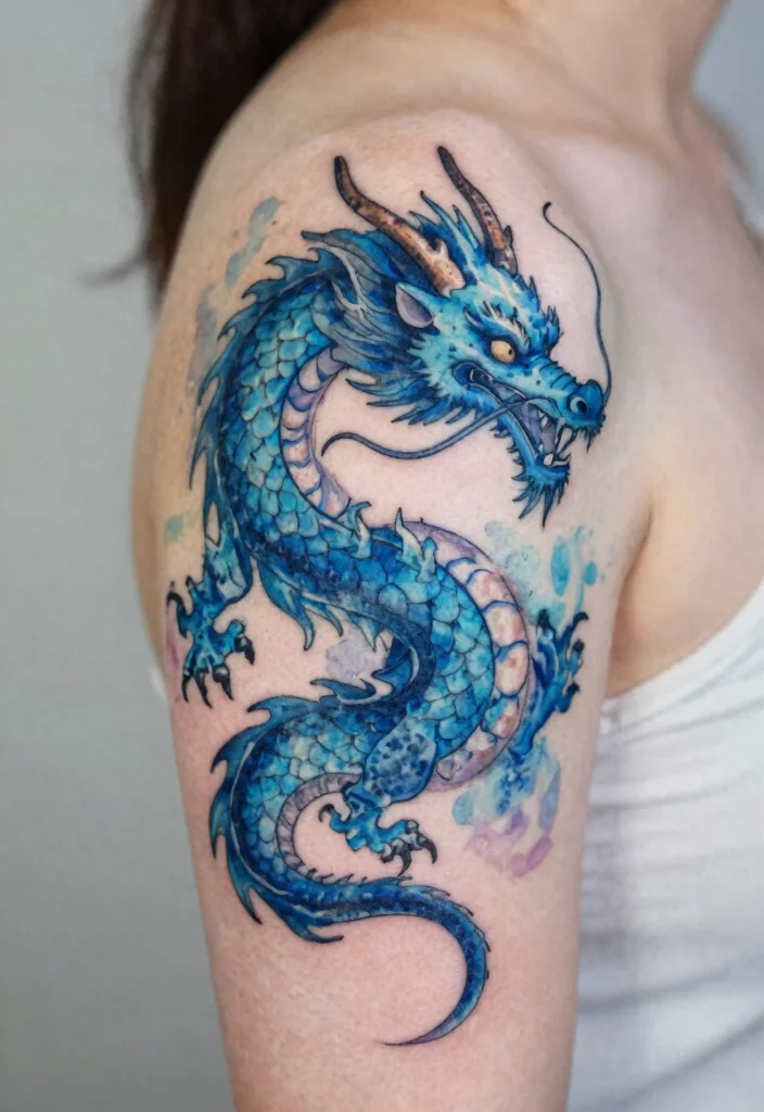 15 Blue Dragon Tattoo Ideas: Mystical, Bold, and Striking - 5. Blue Dragon in Watercolor Style 1