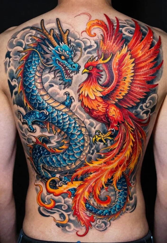 15 Blue Dragon Tattoo Ideas: Mystical, Bold, and Striking - 6. Blue Dragon and Phoenix Duality 1