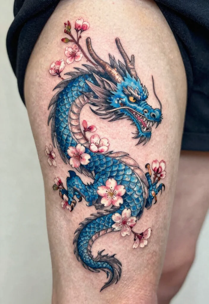 15 Blue Dragon Tattoo Ideas: Mystical, Bold, and Striking - 8. Blue Dragon with Floral Accents 1