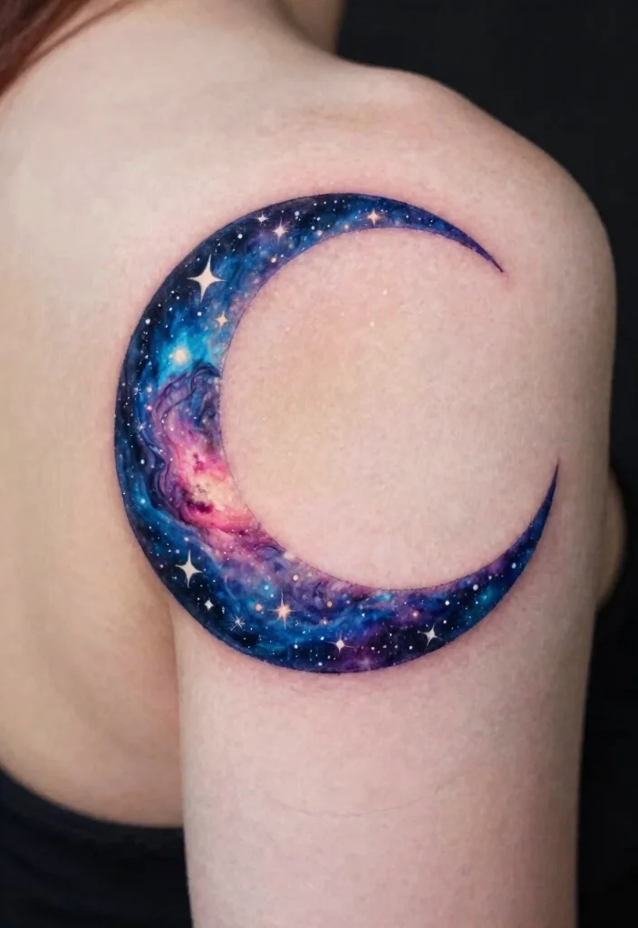 15 Crescent Moon Tattoo Ideas: Minimal, Mystical, and Timeless - 12. Crescent Moon with Galaxy Elements 1