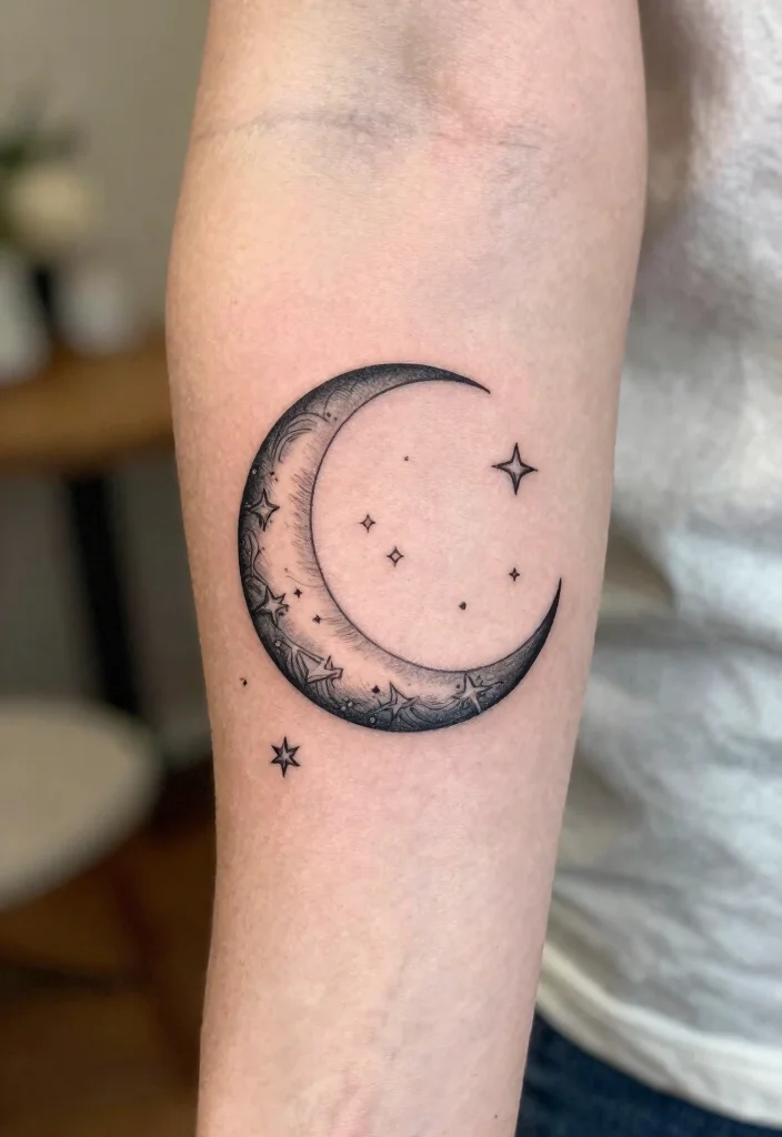 15 Crescent Moon Tattoo Ideas: Minimal, Mystical, and Timeless - 2. Crescent Moon with Stars 1