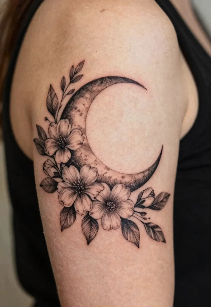 15 Crescent Moon Tattoo Ideas: Minimal, Mystical, and Timeless - 4. Crescent Moon with Floral Elements 1