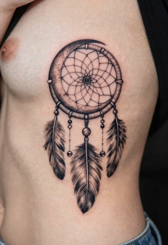 15 Crescent Moon Tattoo Ideas: Minimal, Mystical, and Timeless - 9. Crescent Moon with a Dreamcatcher 1