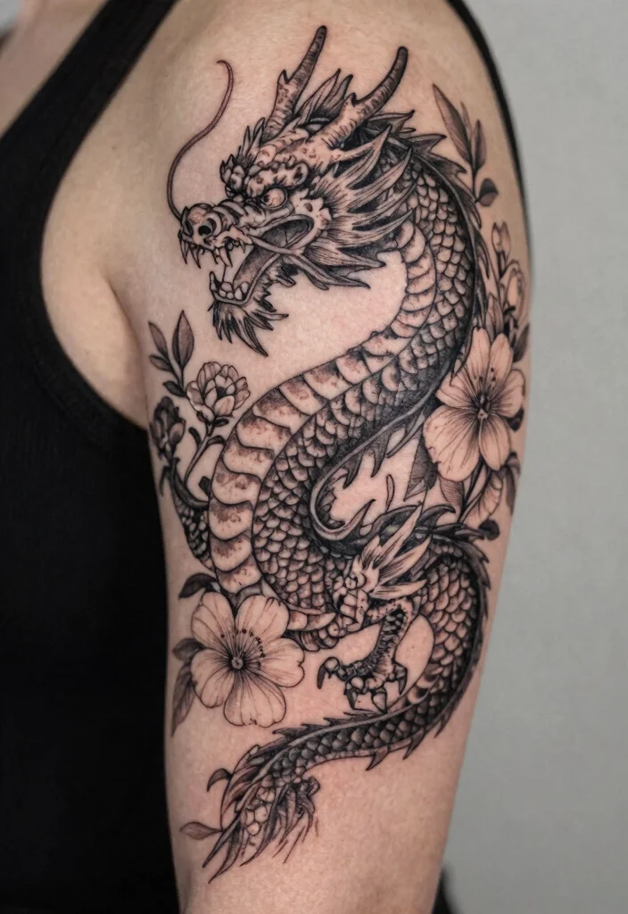 15 Dragon Tattoo Stencil Ideas Clean Sharp and Easy to Customize - 4. Dragon with Flower 1