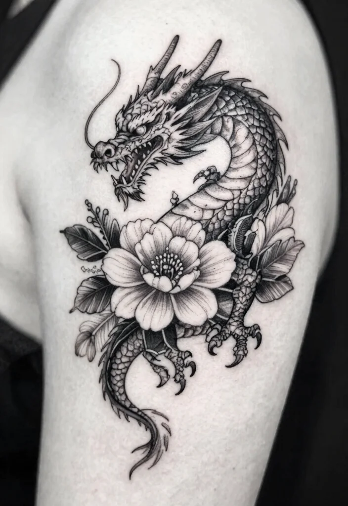 15 Dragon Tattoo Stencil Ideas Clean Sharp and Easy to Customize - 7. Half-Dragon, Half-Flower 1