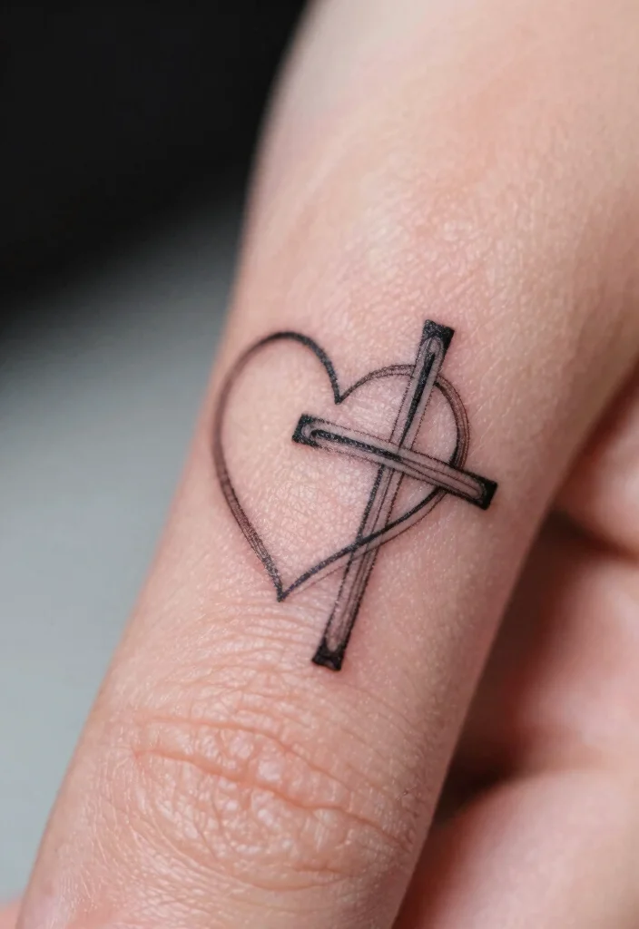 15 Finger Heart Tattoo Ideas: Tiny, Cute, and Minimal - 10. Heart with a Cross 1