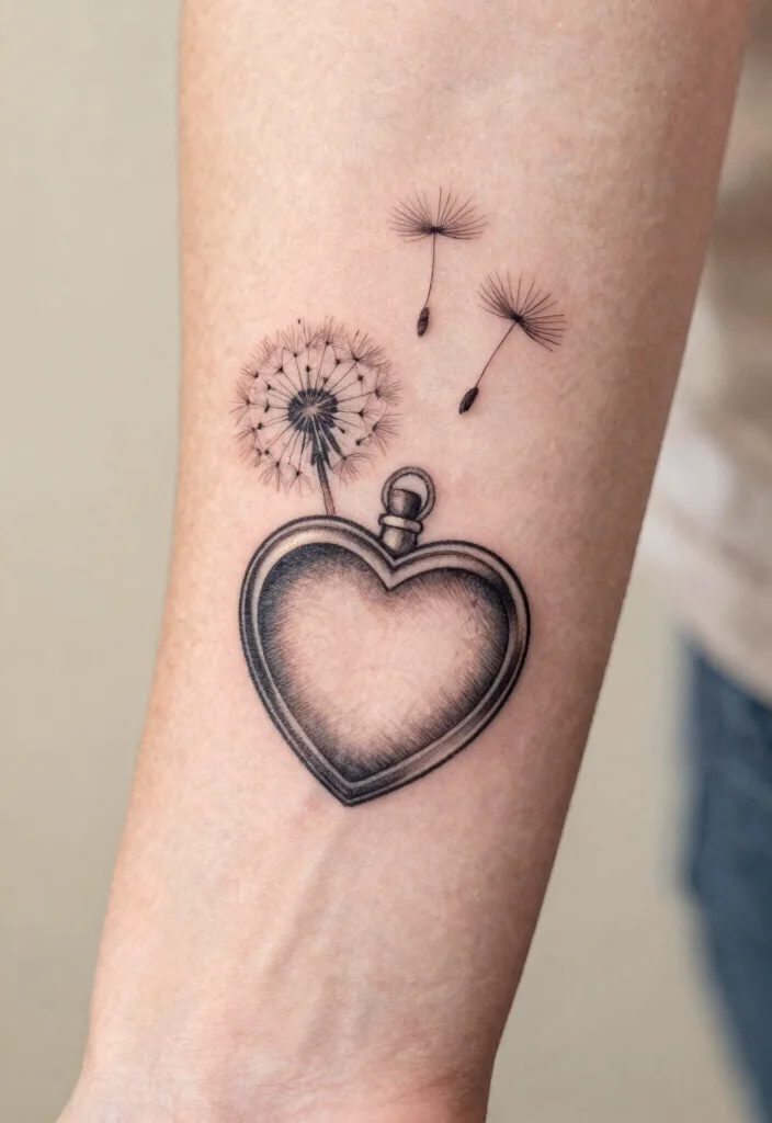 15 Heart Locket Tattoo Ideas: Romantic, Meaningful, and Classic - 13. Heart Locket with a Dandelion 1
