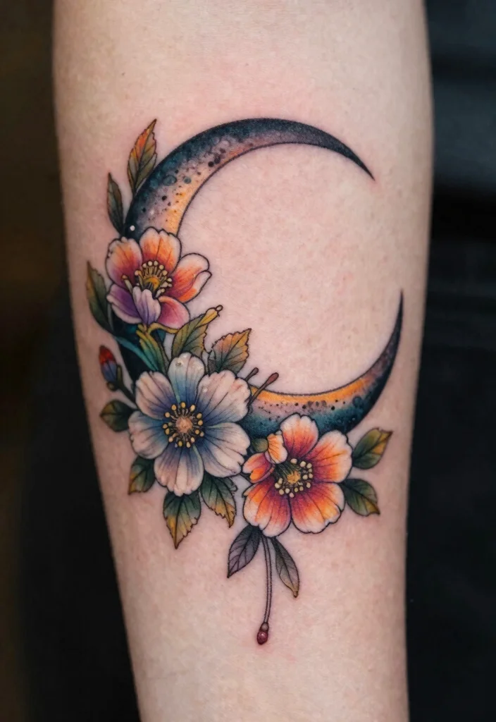 15 Jimin Moon Tattoo Ideas Inspired by Jimin Aesthetic - 7. Moon with Floral Accents 1