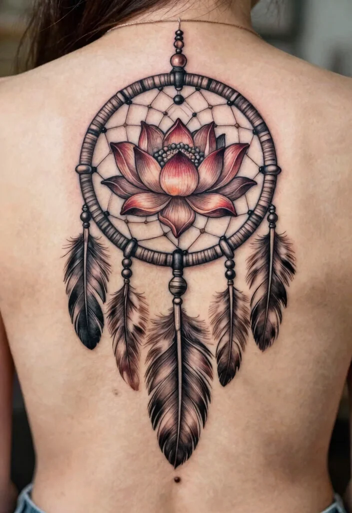 15 Lotus Flower Tattoo Ideas With Deep Spiritual Meaning - 15. Lotus and Dreamcatcher 1