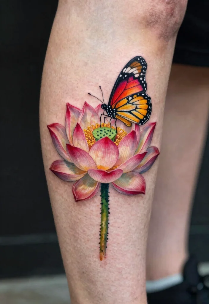 15 Lotus Flower Tattoo Ideas With Deep Spiritual Meaning - 7. Lotus and Butterfly Fusion 1