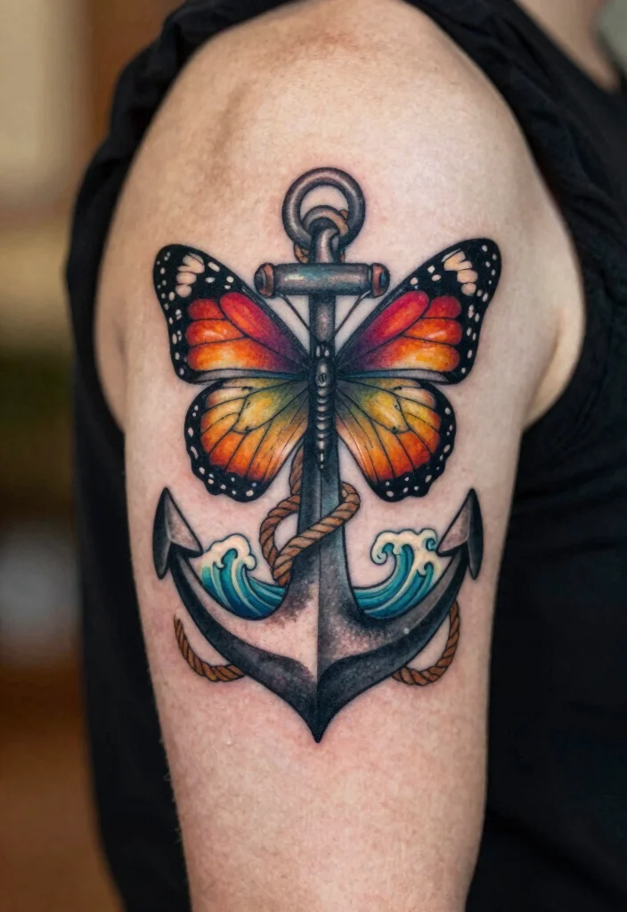 15 Men's Butterfly Tattoo Ideas: Strong, Symbolic, and Modern - 15. Butterfly and Anchor Design 1