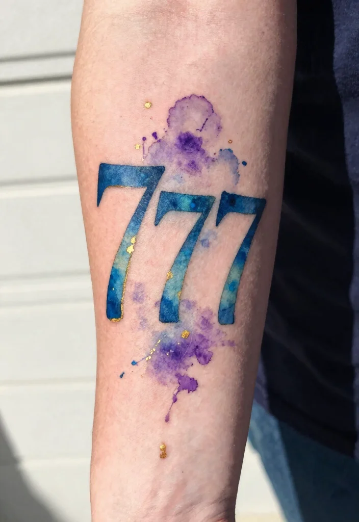 15 Minimalist 777 Angel Number Tattoo Ideas: Lucky Spiritual Designs - 3. Watercolor 777 Tattoos 1