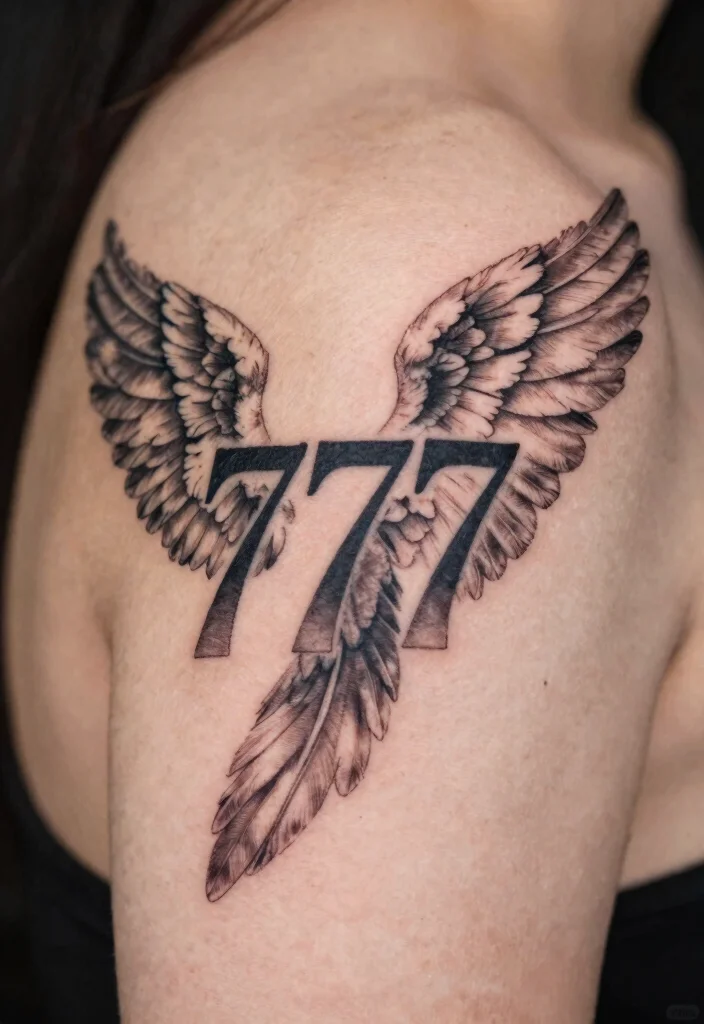 15 Minimalist 777 Angel Number Tattoo Ideas: Lucky Spiritual Designs - 8. 777 Angel Wings Tattoo 1