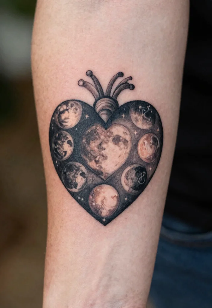 15 Mom Heart Tattoo Ideas Emotional Simple and Full of Love - 15. Heart with Moon Phases 1