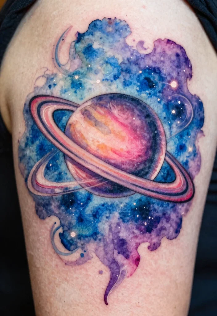 15 Moon and Saturn Tattoo Ideas: Cosmic Deep and Unique - 2. Watercolor Saturn and Moon 1