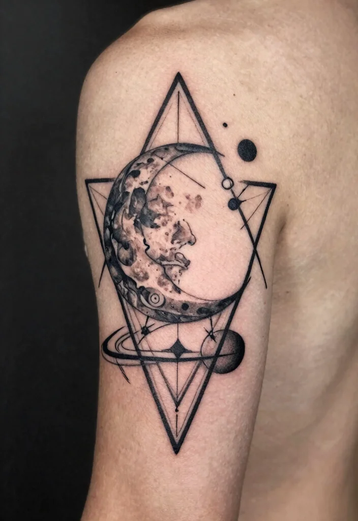 15 Moon and Saturn Tattoo Ideas: Cosmic Deep and Unique - 3. Geometric Saturn and Moon 1