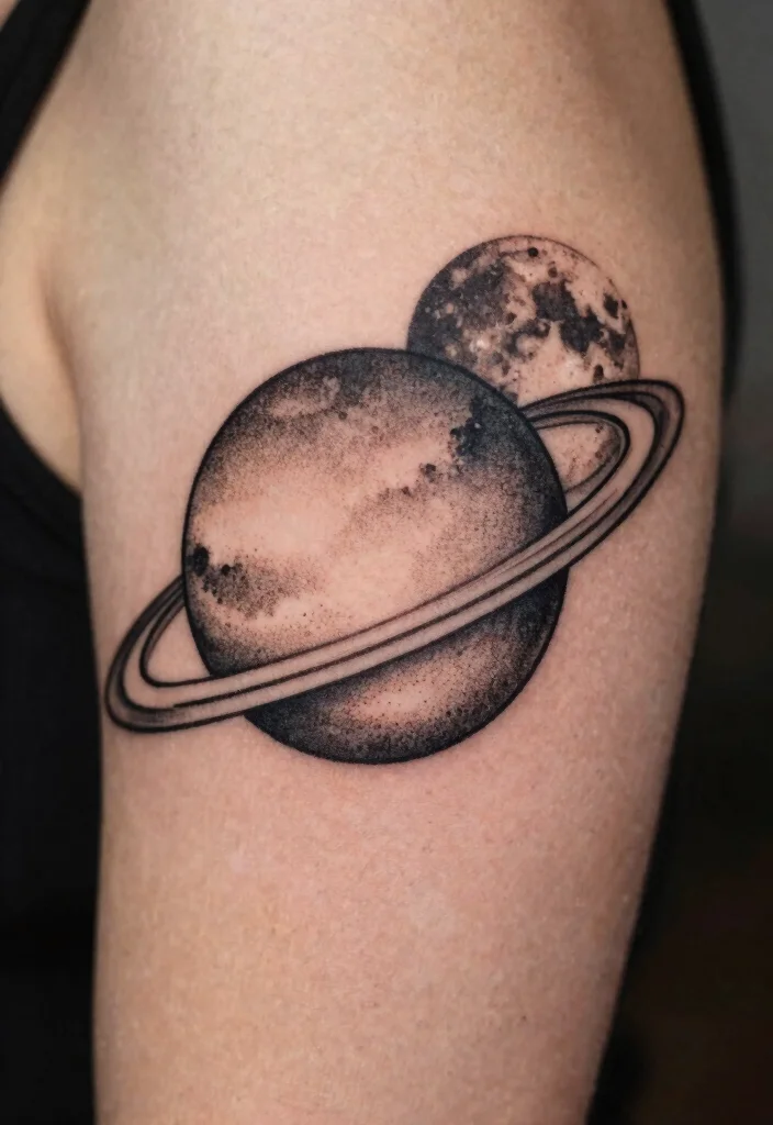 15 Moon and Saturn Tattoo Ideas: Cosmic Deep and Unique - 6. Dot Work Saturn and Moon 1