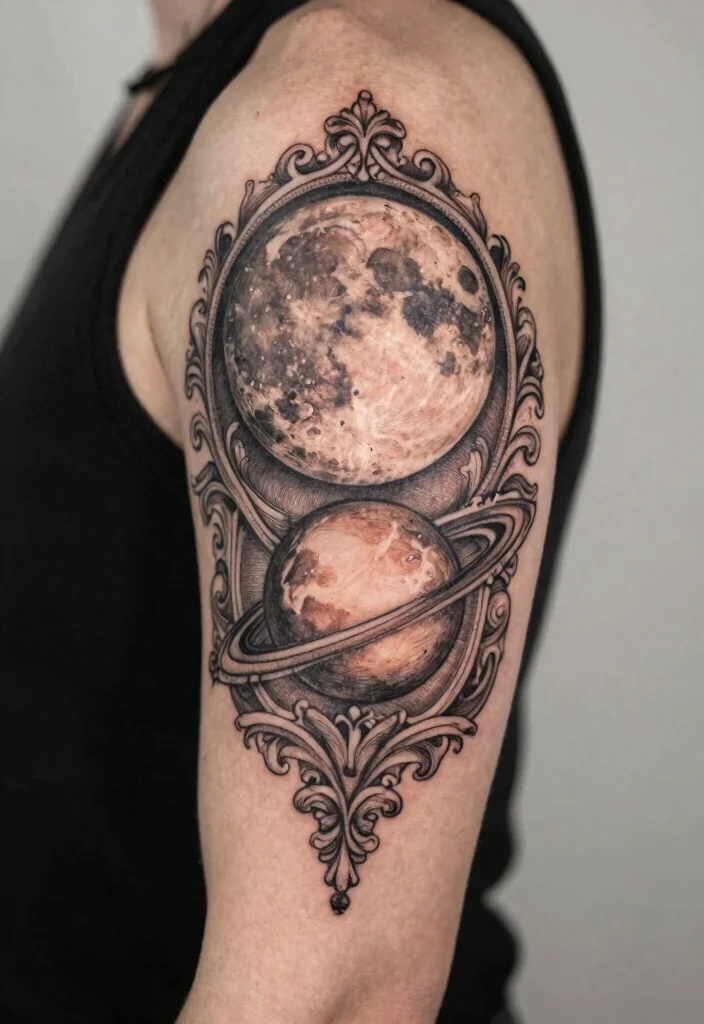 15 Moon and Saturn Tattoo Ideas: Cosmic Deep and Unique - 8. Vintage Cosmic Design 1