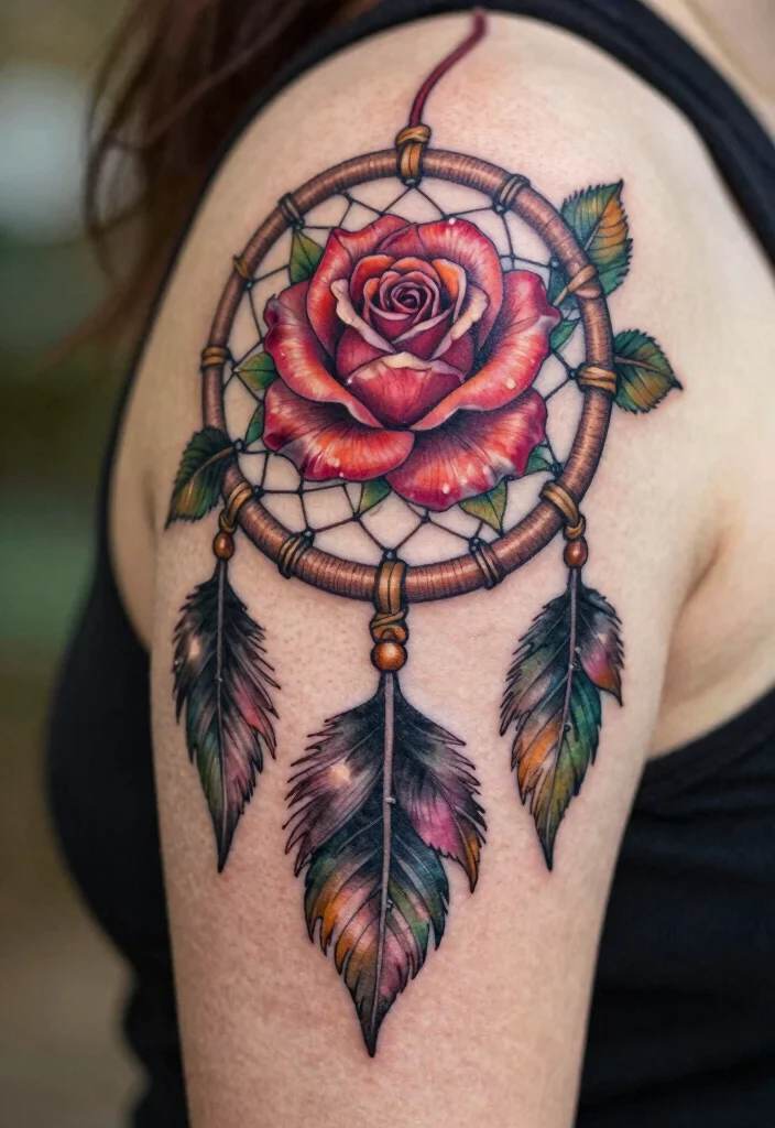 15 Rose Tattoo Design Ideas: Timeless, Elegant, and Meaningful - 11. Rose and Dreamcatcher Tattoo 1