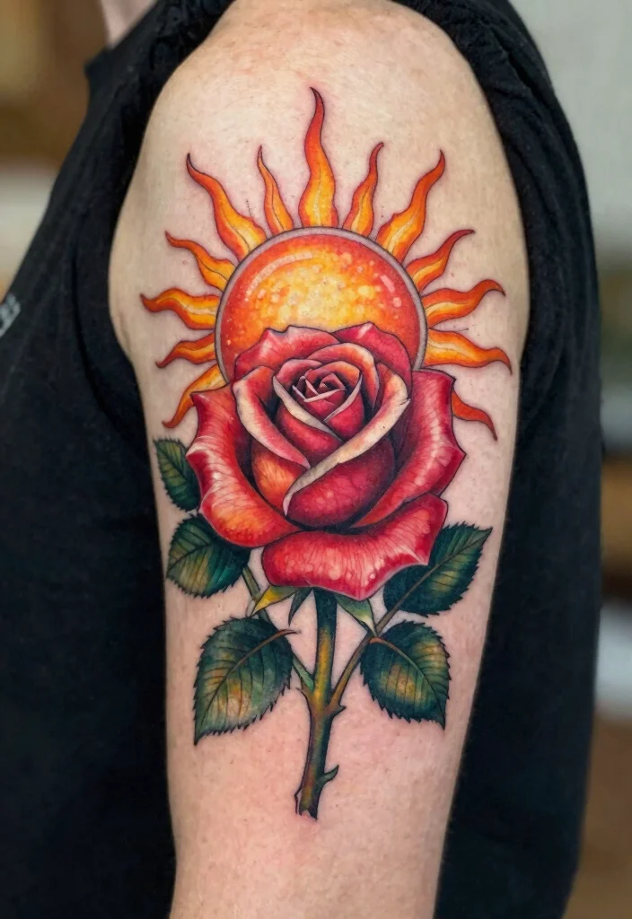 15 Rose Tattoo Design Ideas: Timeless, Elegant, and Meaningful - 12. Rose and Sun Tattoo 1