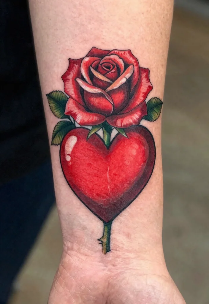 15 Rose Tattoo Design Ideas: Timeless, Elegant, and Meaningful - 13. Rose and Heart Tattoo 1