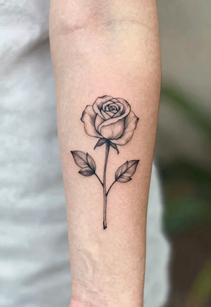 15 Rose Tattoo Design Ideas: Timeless, Elegant, and Meaningful - 5. Minimalist Rose and Leaves 1