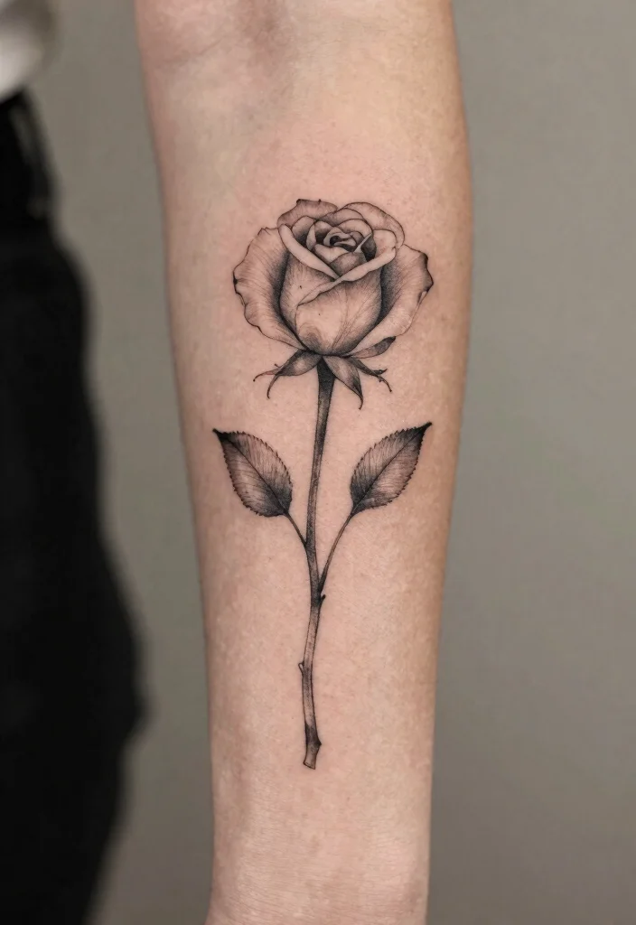 15 Rose Tattoo Design Ideas: Timeless, Elegant, and Meaningful - 7. Single Rose Stem Tattoo 1