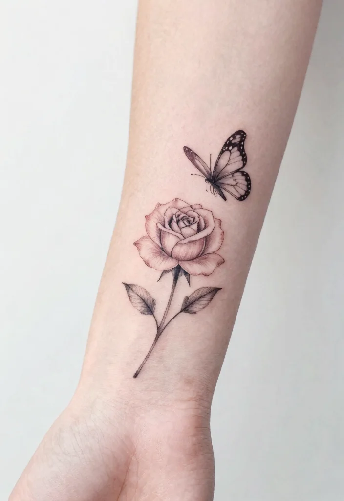 15 Rose With Butterfly Tattoo Ideas for Women: Feminine and Graceful - 1. Minimalist Rose and Butterfly Combo 1