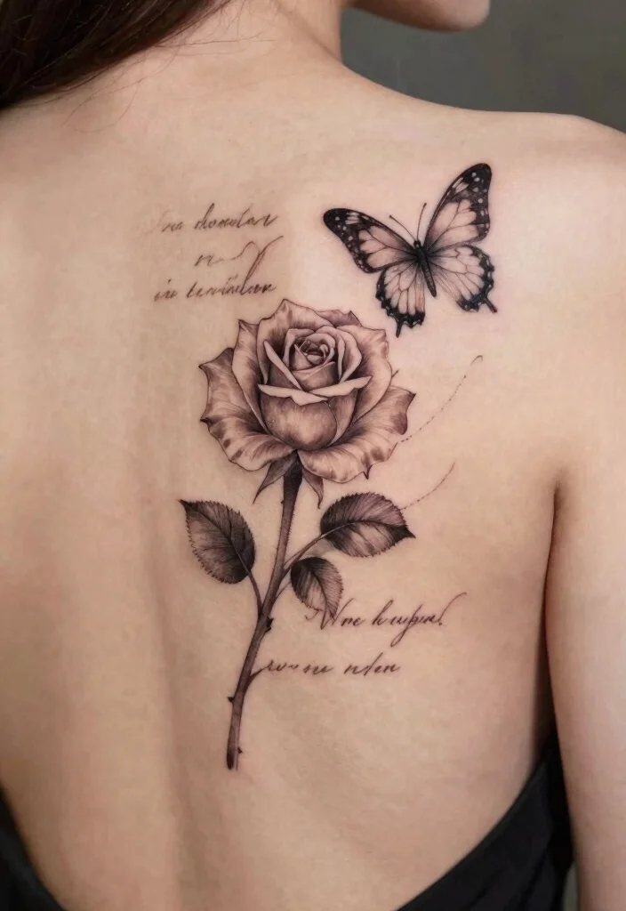 15 Rose With Butterfly Tattoo Ideas for Women: Feminine and Graceful - 10. Rose and Butterfly with Quote 1