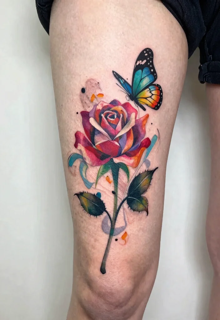 15 Rose With Butterfly Tattoo Ideas for Women: Feminine and Graceful - 11. Abstract Rose and Butterfly Design 1
