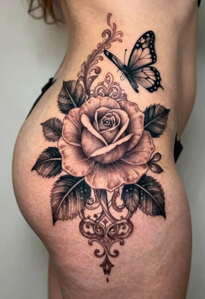 15 Rose With Butterfly Tattoo Ideas for Women: Feminine and Graceful - 12. Ornate Rose and Butterfly Tattoo 1