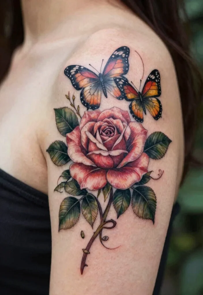 15 Rose With Butterfly Tattoo Ideas for Women: Feminine and Graceful - 13. Rose and Butterfly with Nature Elements 1