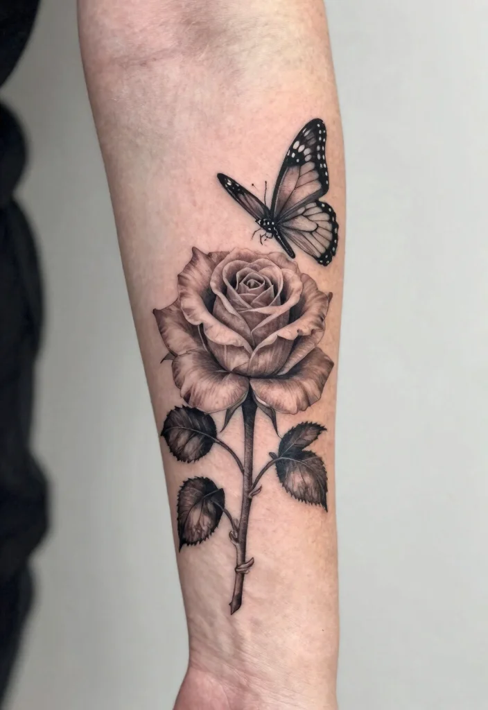 15 Rose With Butterfly Tattoo Ideas for Women: Feminine and Graceful - 14. Double Exposure Rose and Butterfly Tattoo 1