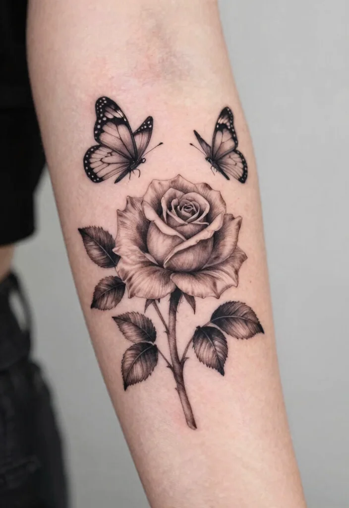 15 Rose With Butterfly Tattoo Ideas for Women: Feminine and Graceful - 15. Interactive Rose and Butterfly Tattoo 1