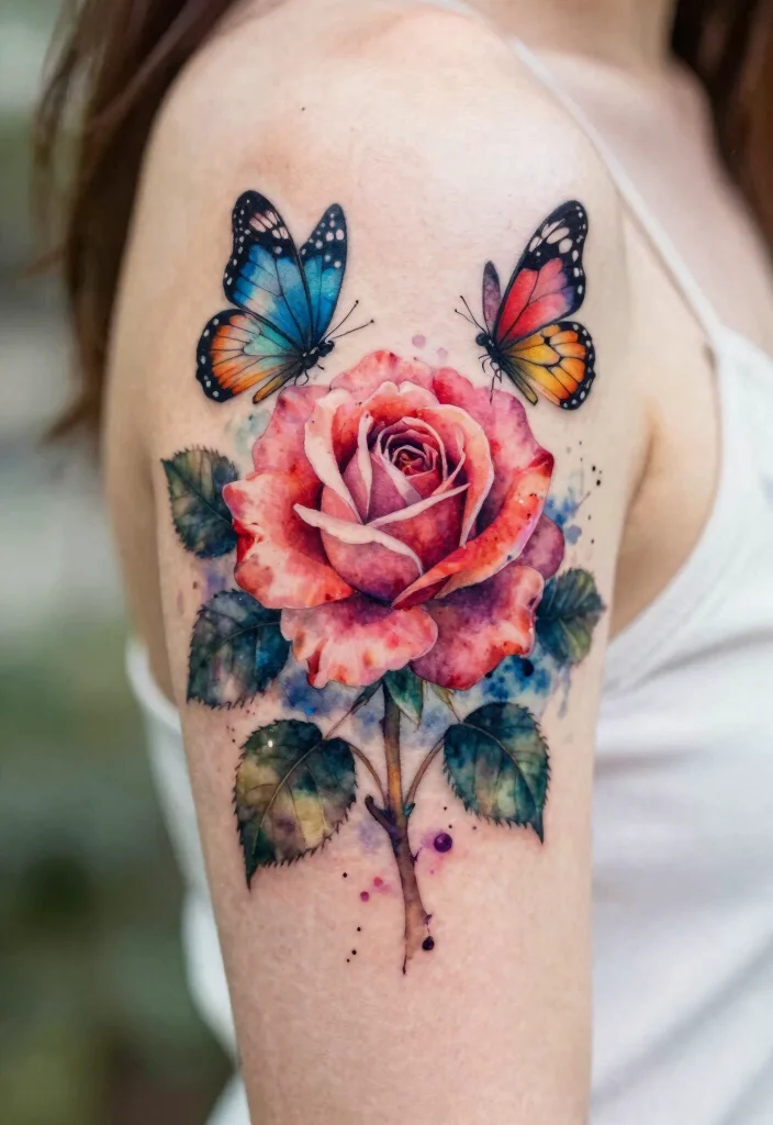 15 Rose With Butterfly Tattoo Ideas for Women: Feminine and Graceful - 2. Watercolor Effect Rose and Butterfly 1
