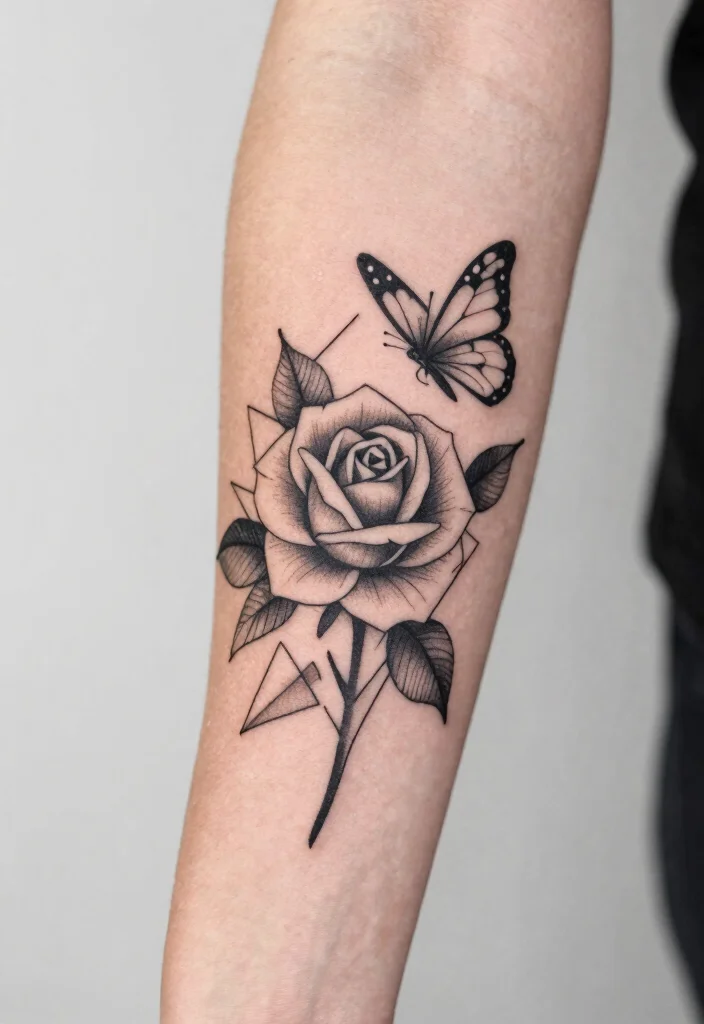 15 Rose With Butterfly Tattoo Ideas for Women: Feminine and Graceful - 3. Geometric Rose and Butterfly Design 1