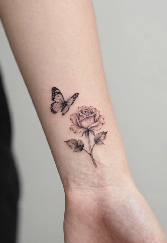 15 Rose With Butterfly Tattoo Ideas for Women: Feminine and Graceful - 4. Small and Subtle Butterfly with Rose 1