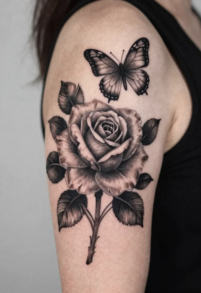 15 Rose With Butterfly Tattoo Ideas for Women: Feminine and Graceful - 6. Black and Grey Rose and Butterfly 1